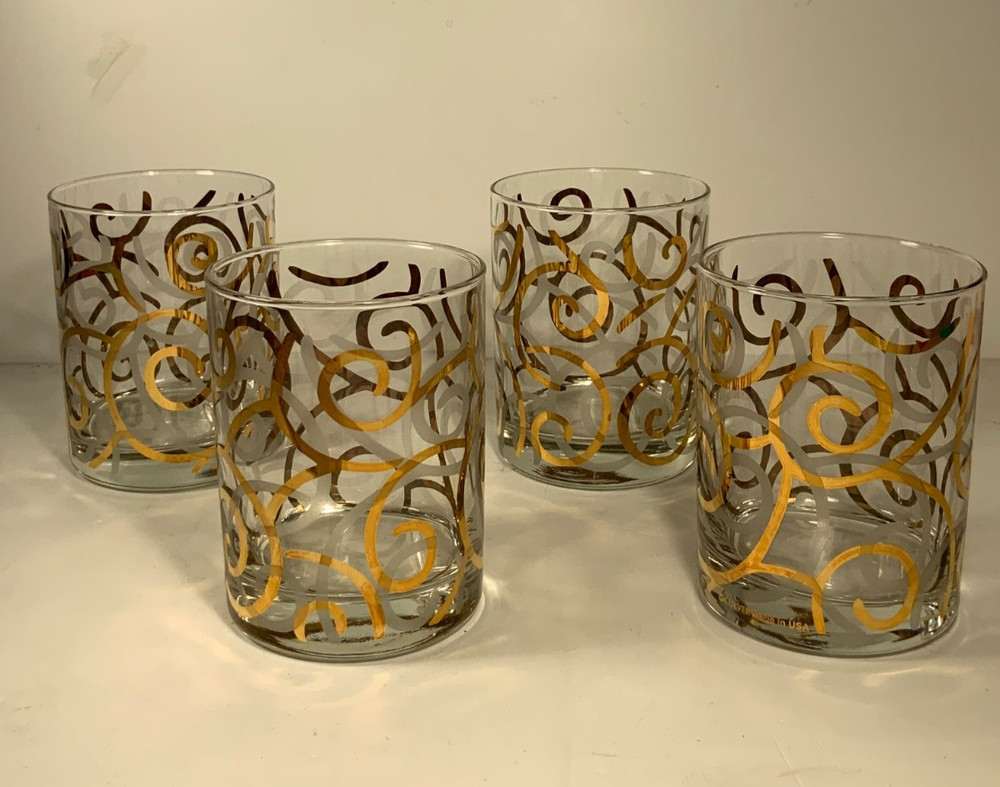 Set of 4 Vintage Culver 22 KT Gold Swirl Lowball Glasses 4.25 in.