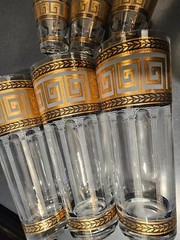 3 each CULVER Greek Key skyball & shot glasses green white gold iced tea Signed