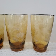 4 Vintage Amber Libbey Drinking Glasses Golden Silver Pine Cone Juice Water 12oz
