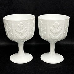 Vtg FTD 1975 EO Brody Embossed Oak Leaf Milk Glass Goblets Chalice Compote