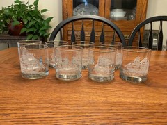 Houzeart MCM 3.5” Whiskey Glasses w/Etched Nautical Clipper Ships (set of 8)