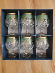 Vintage Czech Bohemian 6 Glass set Hand Cut Green Raised Gold Barware wine Rare