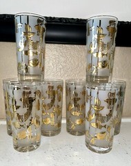 Lotus “Bon Appetite” Set Of 8 Glasses W/Carrier Fish Lobster MCM Vintage NOS
