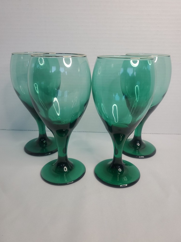 VTG Libby Juniper Green Water Wine Goblets Set Of 4 Glass Teardrop Gold Rim