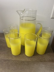 Vintage ~ Frosted Yellow BLENDO PITCHER & 6 GLASSES ~ West Virginia Glass ~ VG