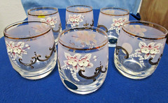 VINTAGE * 6 CZECH BOHEMIAN ROCK GLASSES * WHITE & CLEAR * GOLD * RAISED FLOWERS