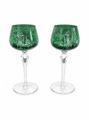 2 Vtg Ajka Emerald Green Crystal 8” Goblet Glasses Cut To Clear Bohemian Czech
