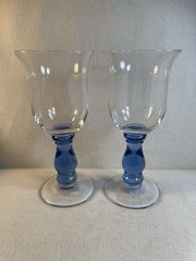 Vtg Handblown Clear Glass Wine Goblets W/ Blue Stems 10 Oz Set 2