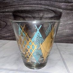 Set of 2 MCM Gold/Teal Diamond Pattern Cocktail/Shot Glasses