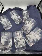 Retro Barware! Libbey Flying Geese Etched Glasses 4” Tall Set of 7 MCM