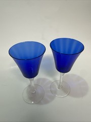 Vintage Pair of Cobalt Blue Wine Glasses Clear Stem Flared Bowl Elegant Barware