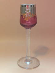Antique Bohemian Cranberry Enamel Cordial Glasses Gilt Floral Pair Liqueur