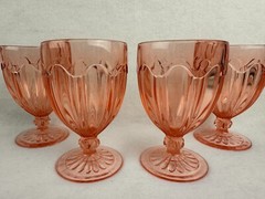 4 Anchor Hocking Pink Glass Colonial Knife & Fork Footed Tumbler Goblet 5 1/4″