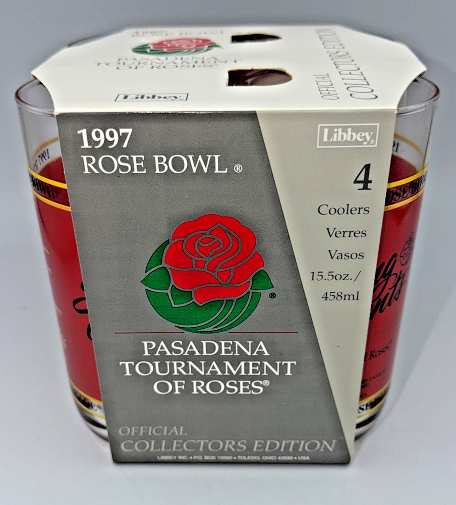 1997 Libbey Pasadena Tournament of Roses Rose Bowl Parade 4 NEW Glasses 15.5 oz
