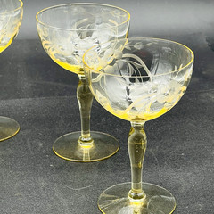5 Champagne Sherbet Glasses 5.75” Optic Topaz Yellow Crystal Etched Flowers