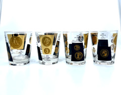 Vintage MCM Cera 22K Gold Black Coin Cocktail Old Fashioned Rocks Glass Set 4