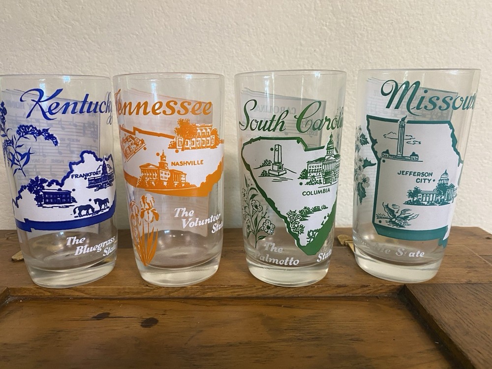 Vintage Hazel Atlas Souvenir State Song Glasses – 5” Tall Set Of 4