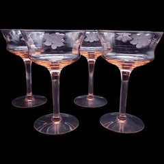 Vintage Pink Depression Glass Etched Coupe Champagne Glasses Set of 4 AS-IS
