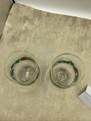 2 Vintage Libbey Christmas Tumbler Glasses Holiday Holly And Berry With Gold Rim