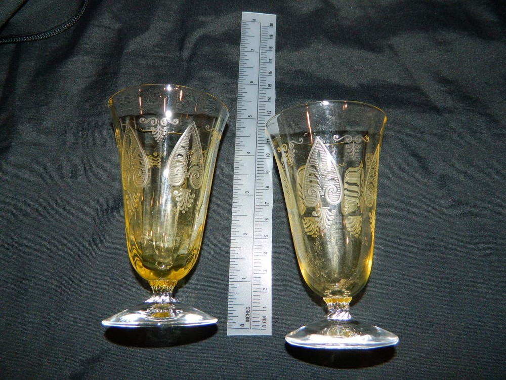 * Fostoria Trojan Etched Topaz Yellow JUICE Glasses VTG Elegant 4.5″ 5OZ