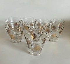 Vtg MCM Atomic Starburst Gold Whiskey Rocks Double Shot Glasses Barware Set (8)