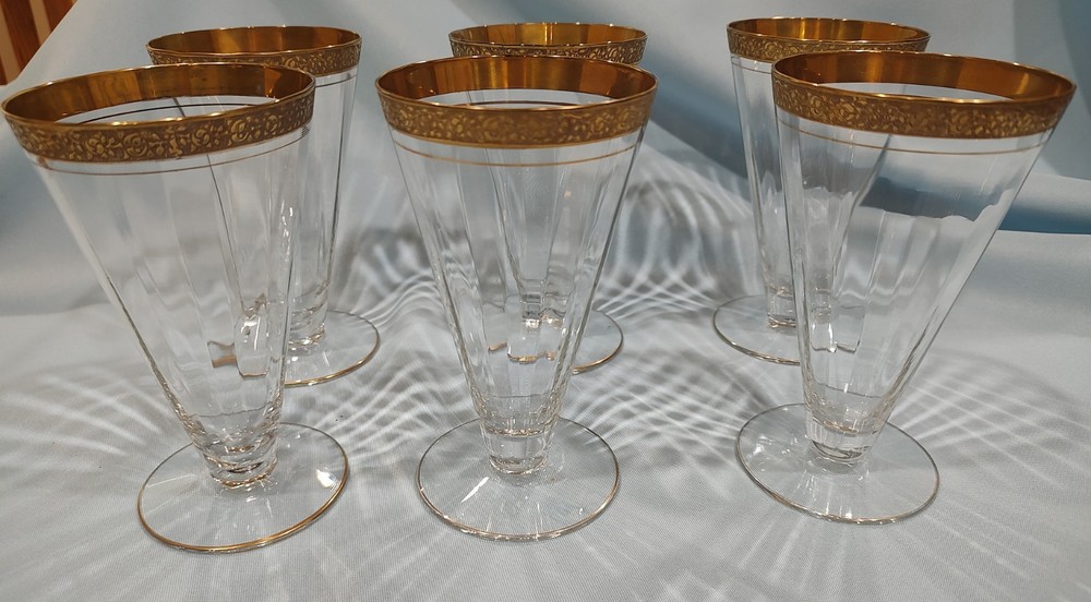 Tiffin Rambler Rose #14188 Stem Gold Encrusted 6” Iced Tea Tumblers set of 6