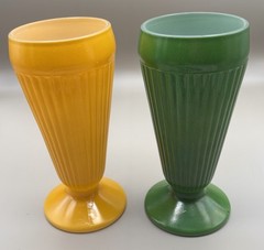 2 Vintage Old Fashioned Ribbed MILKSHAKE GLASS Retro MCM Yellow And Green
