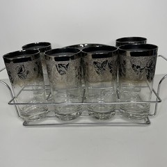 Vitreon Queen’s Lusterware MCM Silver Fade Grape Glasses Chrome Caddy Ice Bucket