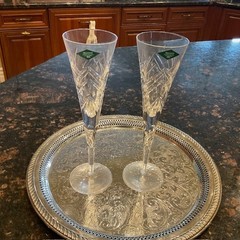 2 Shannon 24% Lead Crystal Cut Vertical Lines Toasting Flutes Designs of Ireland