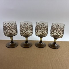 4 Vintage MCM Libbey Prado Stemmed Wine Glasses Scroll Embossed Tawny Brown