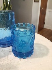 3 Vtg Blue Glass Patriotic Eagle Soldier Glasses, 2 Wheaton, 1 Kanawha Toothpick