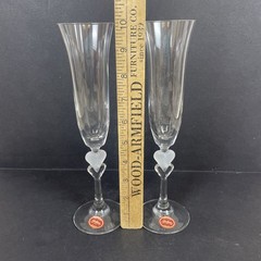2 Gorham Amore Heart Champagne Toasting Flutes Frosted Crystal 10” Germany