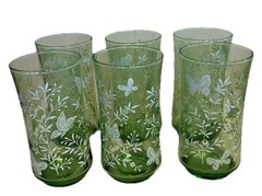 HTF VTG Libby Libbey MCM Grass Green Glasses with White Butterflies Set of 6 EUC