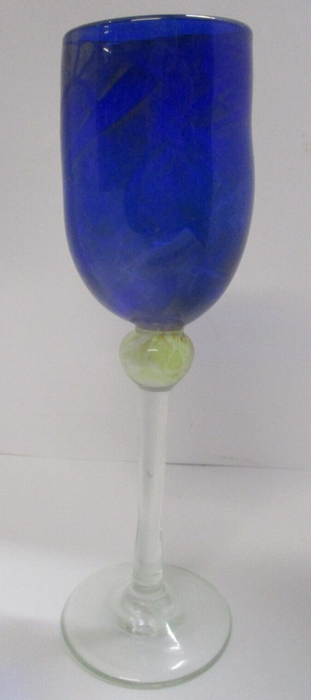 Signed Art Glass Blue and Yellow Clear Stem Goblet
