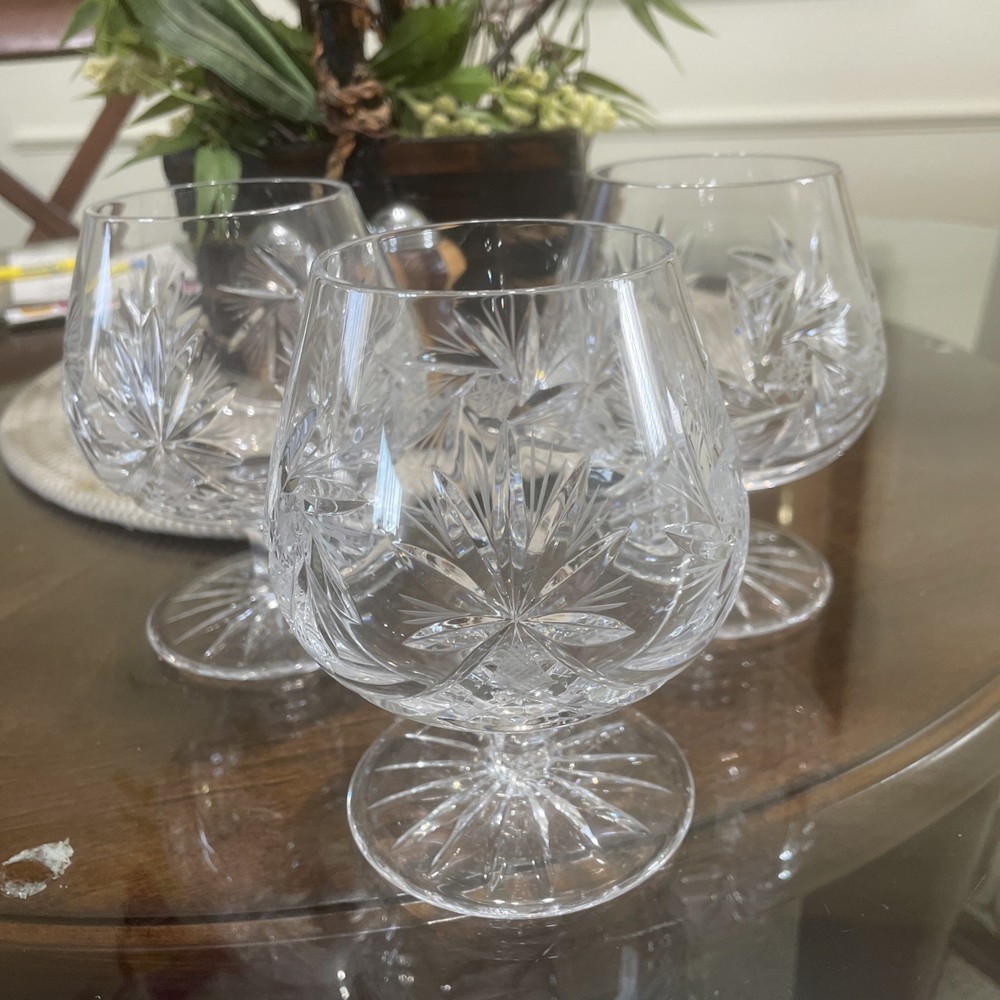 Crystal Pinwheel Cut Polish Snifter Brandy Glasses Set Of 3