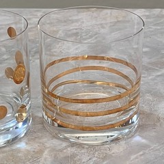 Set of Two Drinking Gl Set of Two Drinking Glasses 4″ Gold Polka Dot and Striped