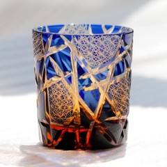 Whiskey Glass Tumbler Japanese Style Edo Kiriko Glass Hand Cut To Clear 9oz Blue