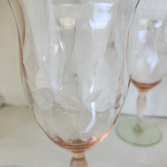 TWO Etched WATERMELON Pink & Green Depression Glass Wine Stems *READ*