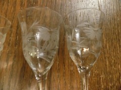 Crystal Glasses Cordials Sherry Vtg Set 4 Etched Floral Bamboo stem Leaves 5.25″