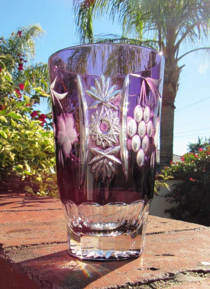 2 BEAUTIFUL BOHEMIAN CUT TO CLEAR AMETHYST TUMBLERS OR JUICE GLASSES