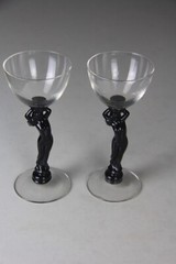 2 CAMBRIDGE Glass Company Ebony Black Statuesque Nude Stem Cocktail Wine Glasses