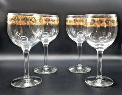 Culver Valencia Wine Glasses 22K Gold w/ Green Diamond Jewel 5 3/4″ MCM Set of 4