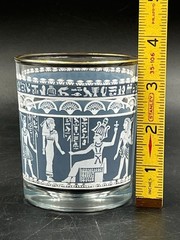 7 Vtg Hazel Atlas Blue & White Egyptian Hieroglyphs 3.5″ Low Highball Glasses