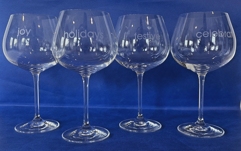 4 Waterford Marquis Festive Holidays Crystal Balloon Wine Glasses 8 1/4» Joy