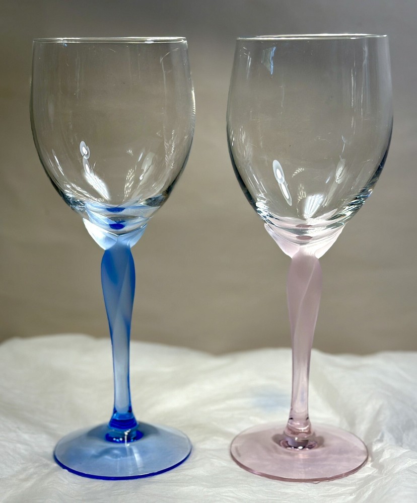 2 Lenox Spring Mist Blue / Pink Frosted Stem Water Goblets/Wine Glasses – 8 3/4″