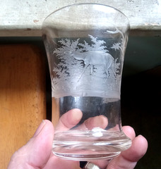 1841 DATED GERMAN CUT ENGRAVED GLASS DEER SCENE BEAKER DRINKING GLASS SCARCE