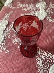 Red Glass Goblet, White Etched Grape Leaf Pattern, Decorative Round Stemware