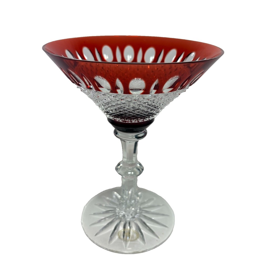 Vtg. Handcrafted Ajka Crystal Red Martini Glass Hungary Cut-to-Clear 24% Pb0