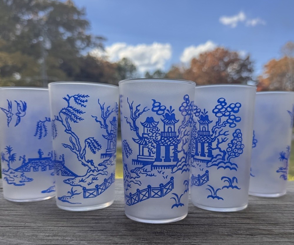 Vintage Frosted Blue Willow Tumblers by Federal Glass Set of 5