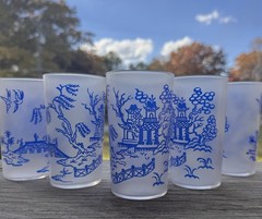 Vintage Frosted Blue Willow Tumblers by Federal Glass Set of 5